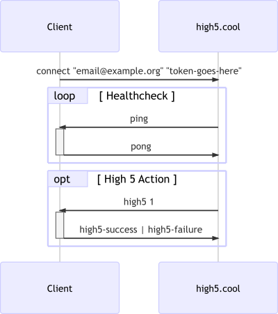 Figure 1. A view of the High 5 protocol. The “Healthcheck” step only happens when you’ve got the “receive” page open on the high5.cool website.